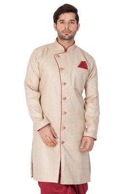 Men'S Beige Cotton Blend Sherwani Only Top 2