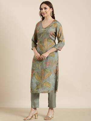 women's v-neck floral green straight kurta and trouser with dupatta 3