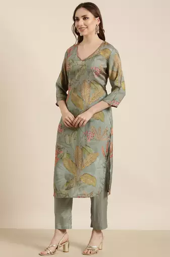 women's v-neck floral green straight kurta and trouser with dupatta