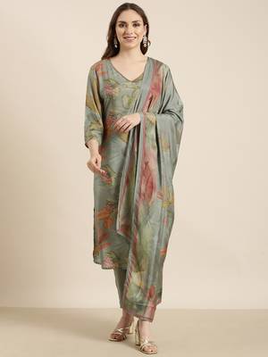 women's v-neck floral green straight kurta and trouser with dupatta 4