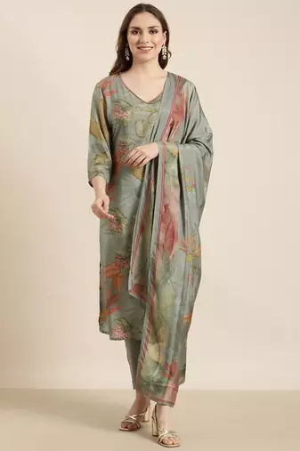women's v-neck floral green straight kurta and trouser with dupatta