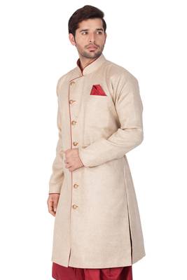 Men'S Beige Cotton Blend Sherwani Only Top 4