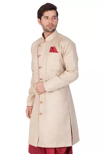 Men'S Beige Cotton Blend Sherwani Only Top