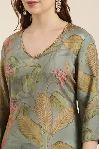 women's v-neck floral green straight kurta and trouser with dupatta