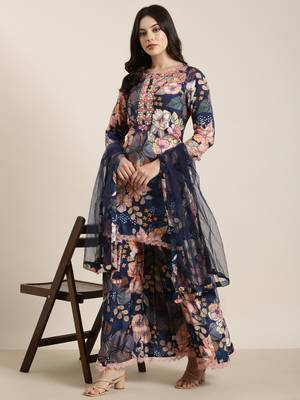 women's round neck floral screen print navy blue straight kurti and trouser with dupatta 1