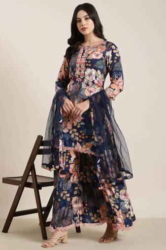 women's round neck floral screen print navy blue straight kurti and trouser with dupatta