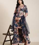 women's round neck floral screen print navy blue straight kurti and trouser with dupatta