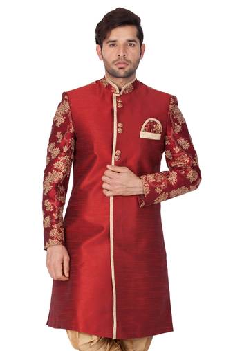 Men'S Maroon Silk Blend Sherwani Only Top