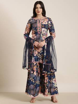 women's round neck floral screen print navy blue straight kurti and trouser with dupatta 2