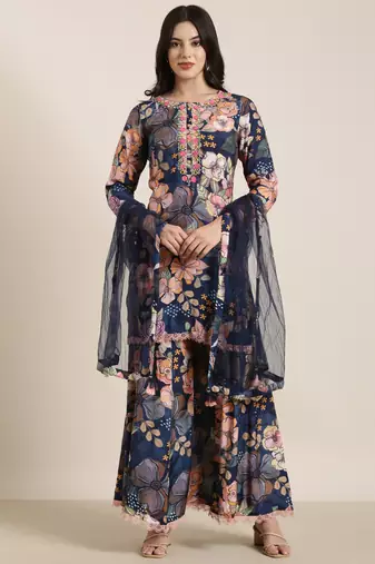 women's round neck floral screen print navy blue straight kurti and trouser with dupatta