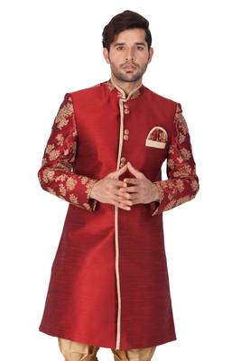 Men'S Maroon Silk Blend Sherwani Only Top 2