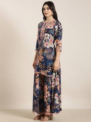 women's round neck floral screen print navy blue straight kurti and trouser with dupatta 3