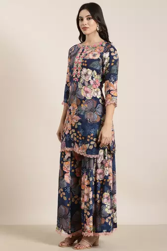 women's round neck floral screen print navy blue straight kurti and trouser with dupatta