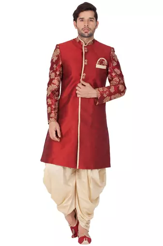Men'S Maroon Silk Blend Sherwani Only Top