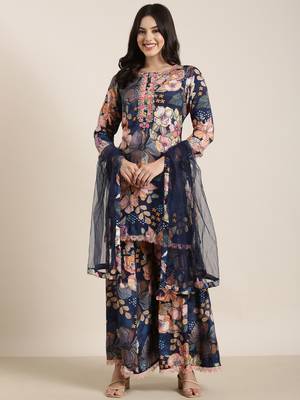 women's round neck floral screen print navy blue straight kurti and trouser with dupatta 4