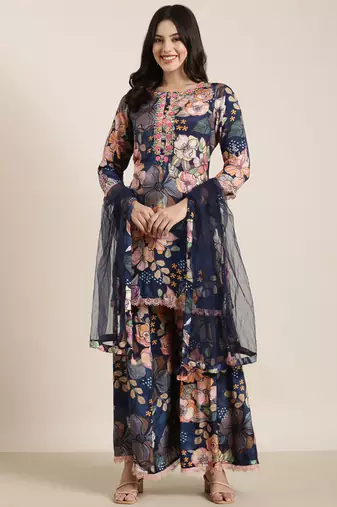 women's round neck floral screen print navy blue straight kurti and trouser with dupatta
