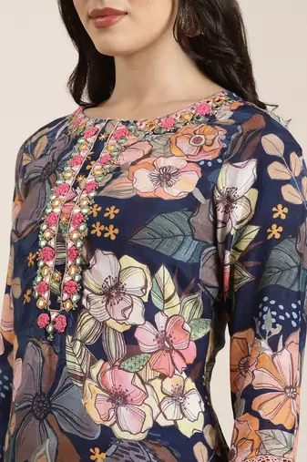 women's round neck floral screen print navy blue straight kurti and trouser with dupatta