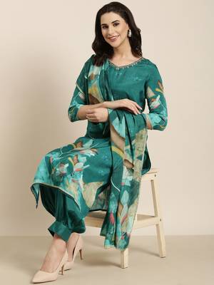women's v-neck floral screen print teal straight kurta and patiala with dupatta 1