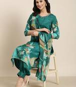 women's v-neck floral screen print teal straight kurta and patiala with dupatta