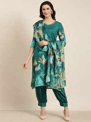 women's v-neck floral screen print teal straight kurta and patiala with dupatta 2