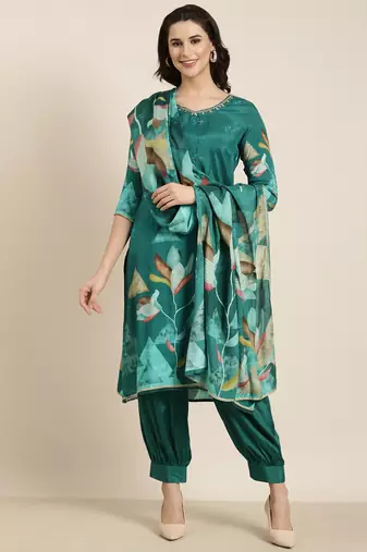 women's v-neck floral screen print teal straight kurta and patiala with dupatta