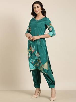 women's v-neck floral screen print teal straight kurta and patiala with dupatta 3