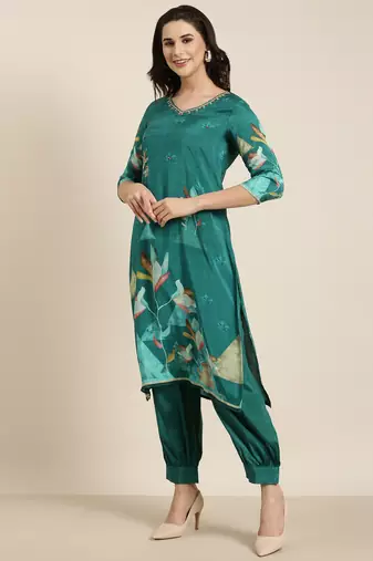 women's v-neck floral screen print teal straight kurta and patiala with dupatta