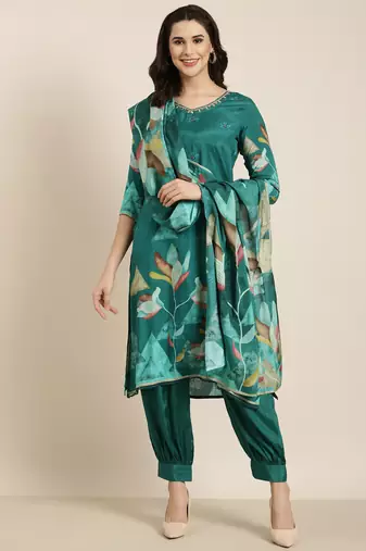 women's v-neck floral screen print teal straight kurta and patiala with dupatta