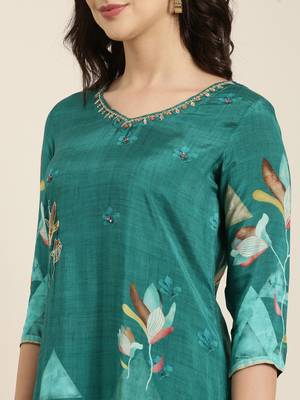 women's v-neck floral screen print teal straight kurta and patiala with dupatta 5