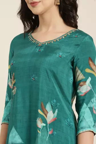 women's v-neck floral screen print teal straight kurta and patiala with dupatta