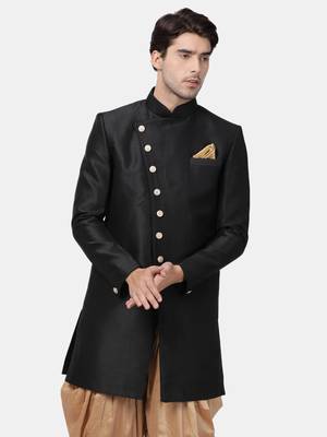 Men'S Black Silk Blend Sherwani Only Top 1