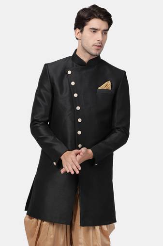 Men'S Black Silk Blend Sherwani Only Top