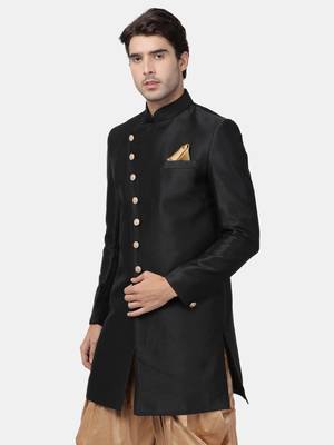 Men'S Black Silk Blend Sherwani Only Top 2