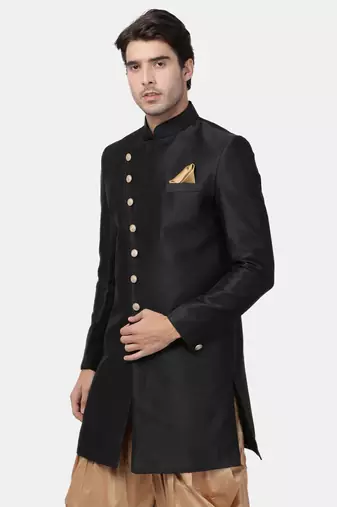 Men'S Black Silk Blend Sherwani Only Top
