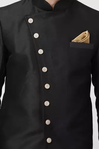 Men'S Black Silk Blend Sherwani Only Top