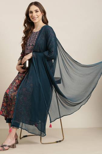 Showoff women's round neck floral zari teal a-line kurta and trouser with dupatta