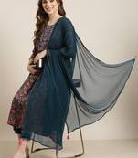 Showoff women's round neck floral zari teal a-line kurta and trouser with dupatta