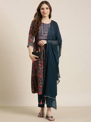Showoff women's round neck floral zari teal a-line kurta and trouser with dupatta 2