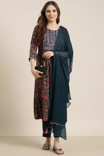 Showoff women's round neck floral zari teal a-line kurta and trouser with dupatta