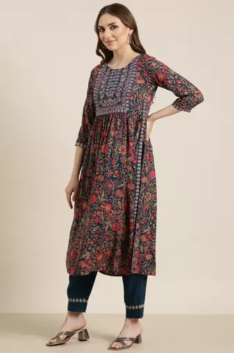 Showoff women's round neck floral zari teal a-line kurta and trouser with dupatta