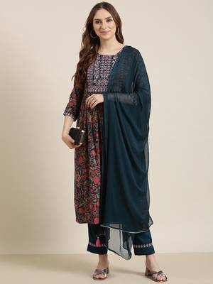 Showoff women's round neck floral zari teal a-line kurta and trouser with dupatta 4