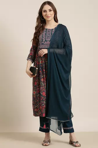 Showoff women's round neck floral zari teal a-line kurta and trouser with dupatta