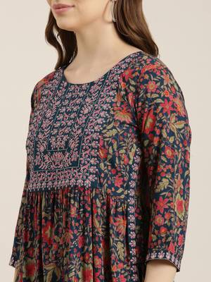 Showoff women's round neck floral zari teal a-line kurta and trouser with dupatta 5