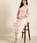 women's round neck solid pink straight kurta and trouser