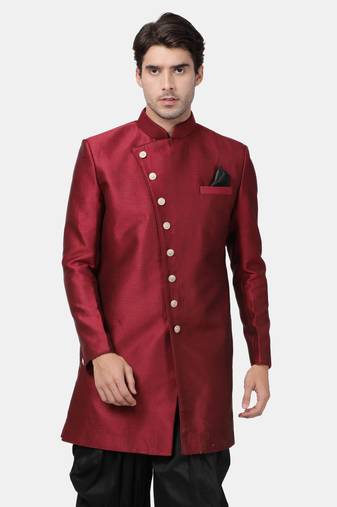 Men'S Maroon Silk Blend Sherwani Only Top