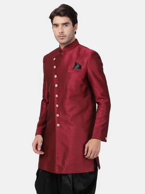 Men'S Maroon Silk Blend Sherwani Only Top 2