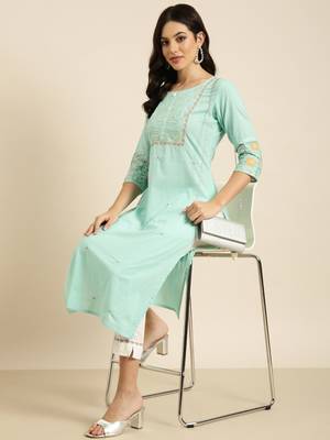 women's round neck solid sea green straight kurta and trouser 1