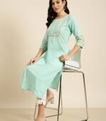 women's round neck solid sea green straight kurta and trouser