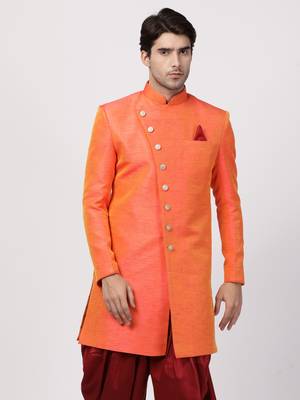 Men'S Orange Silk Blend Sherwani Only Top 1