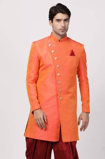 Men'S Orange Silk Blend Sherwani Only Top